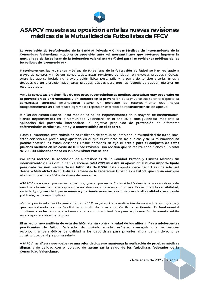 asap_cv's tweet photo. Nota de prensa oficial de ASAPCV
🔹 Denunciamos públicamente el mercantilismo que pretende imponer la mutualidad de futbolistas de la federación valenciana de fútbol para las revisiones médicas de los futbolistas de la comunidad.
#ASAPCV https://t.co/tmVKNqwVSX