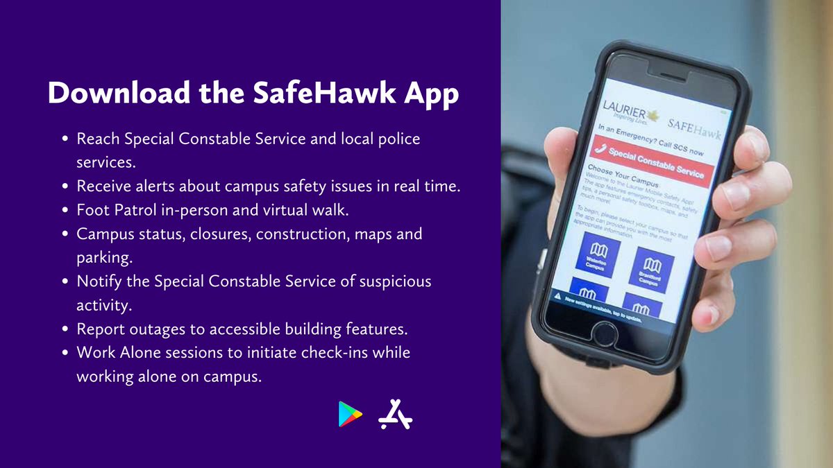 As a #Laurier student, we want you to feel safe on campus. 

The SAFEHawk app features campus status and closures due to weather, campus-specific emergency contacts for all Laurier locations, personal support resources, and safety tips.

Download now: bit.ly/2SAFEhawk