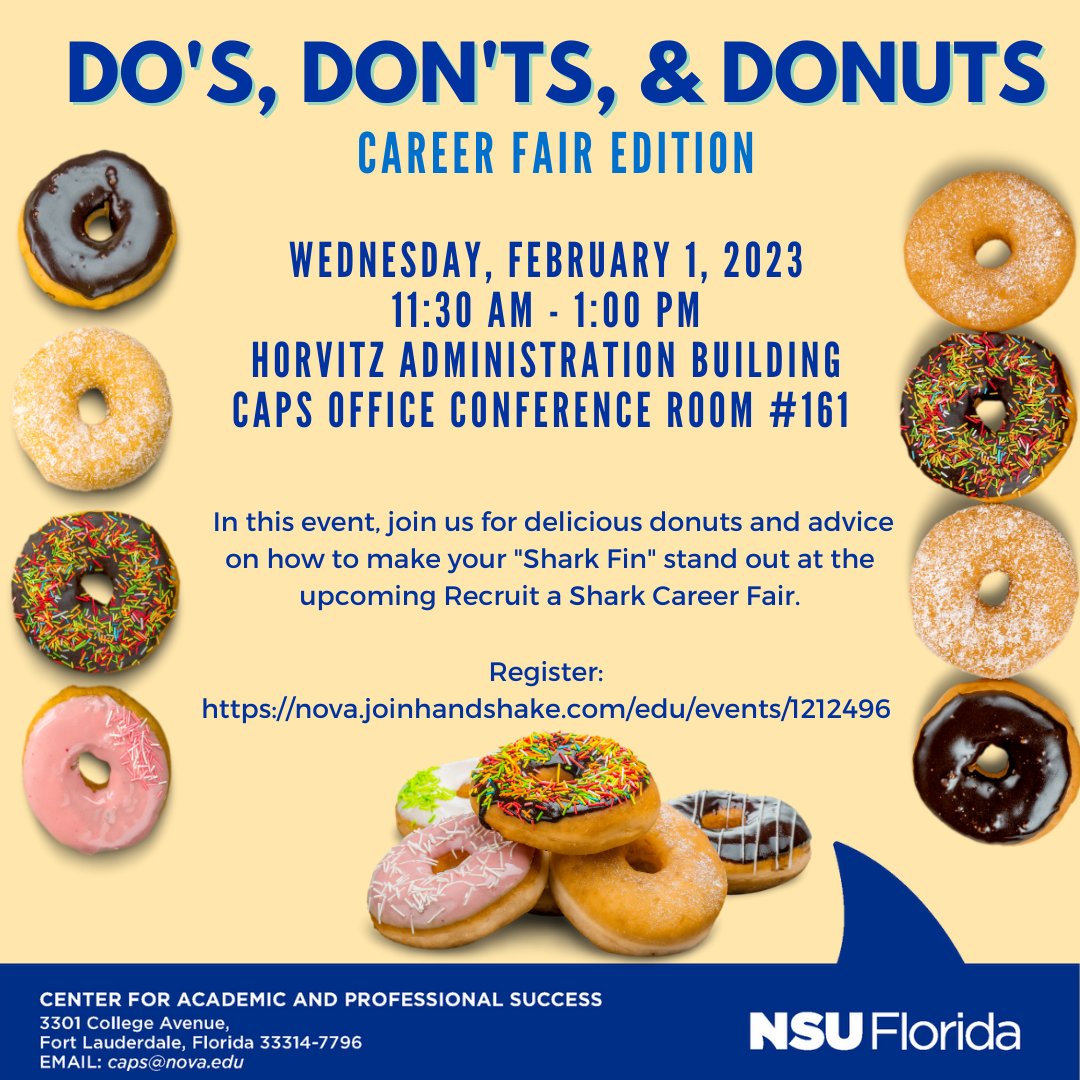 Join us for delicious donuts and advice on how to make your Shark Fin stand out at the upcoming Recruit a Shark Career Fair.🦈