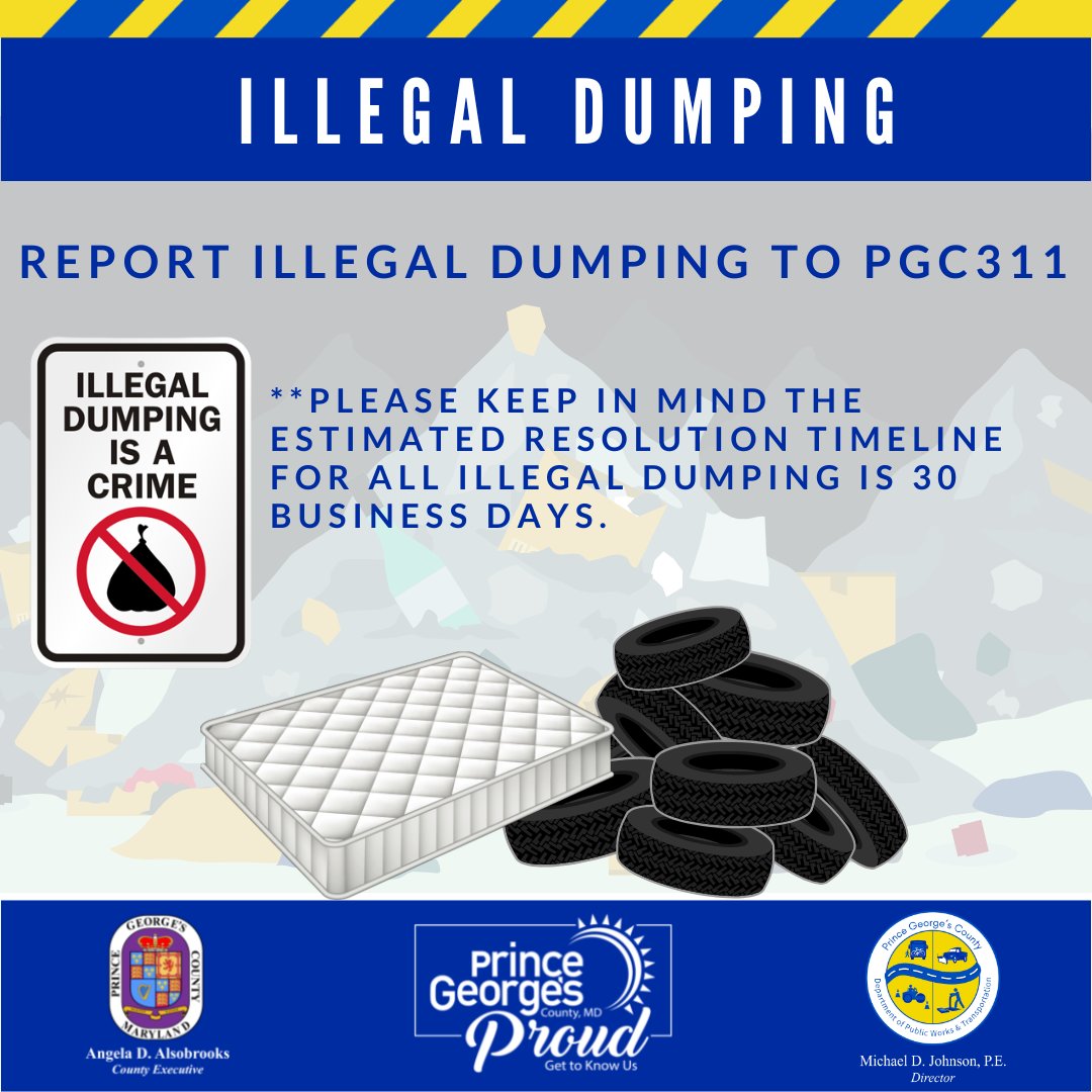 PGCountyDPWT's tweet photo. Did you know illegal dumping is a crime? Please help us continue to beautify our county and clear the communities of trash, debris and illegal dumps. If you see illegal dumping, report it to PGC311 immediately! #TalkingTrashTuesday #PrinceGeorgesCounty https://t.co/nUzgCHr882