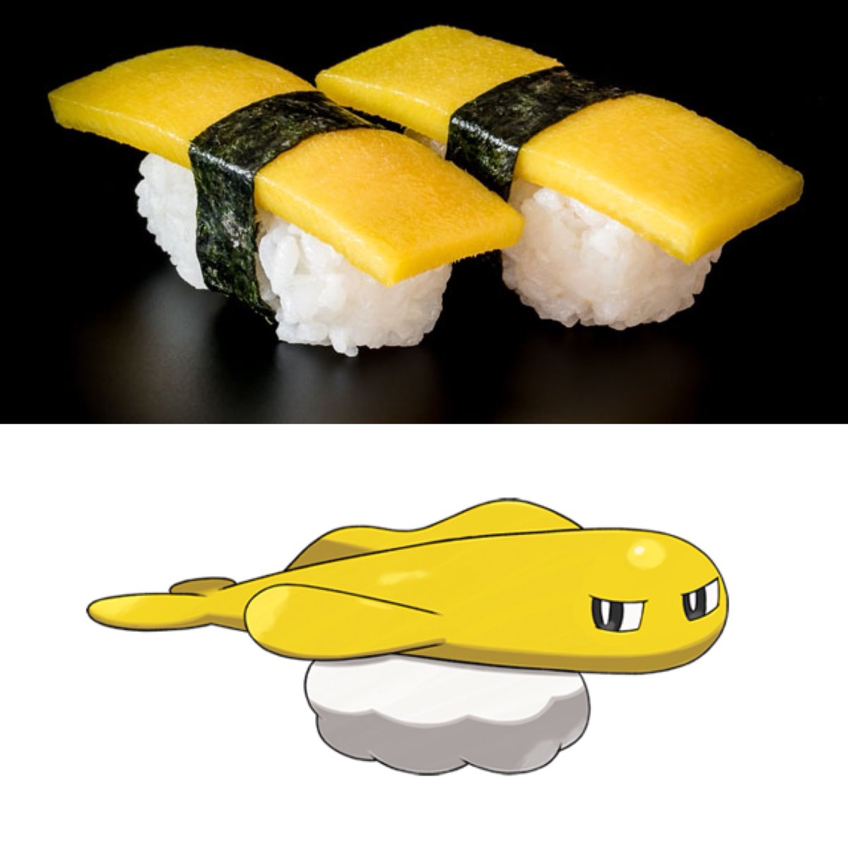 soulsilverart's tweet photo. This might be obvious but I found it fascinating!Did you know each form of Tatsugiri has its own official art(&amp; in-game model stance)that look just like the sushi(nigiri)they’re mimicking!?Curly=Shrimp(tempura?),Droopy=Tuna/whitefish✨,Stretchy=Tamago(egg)!
#PokemonScarletViolet https://t.co/MAaAg1ATBQ