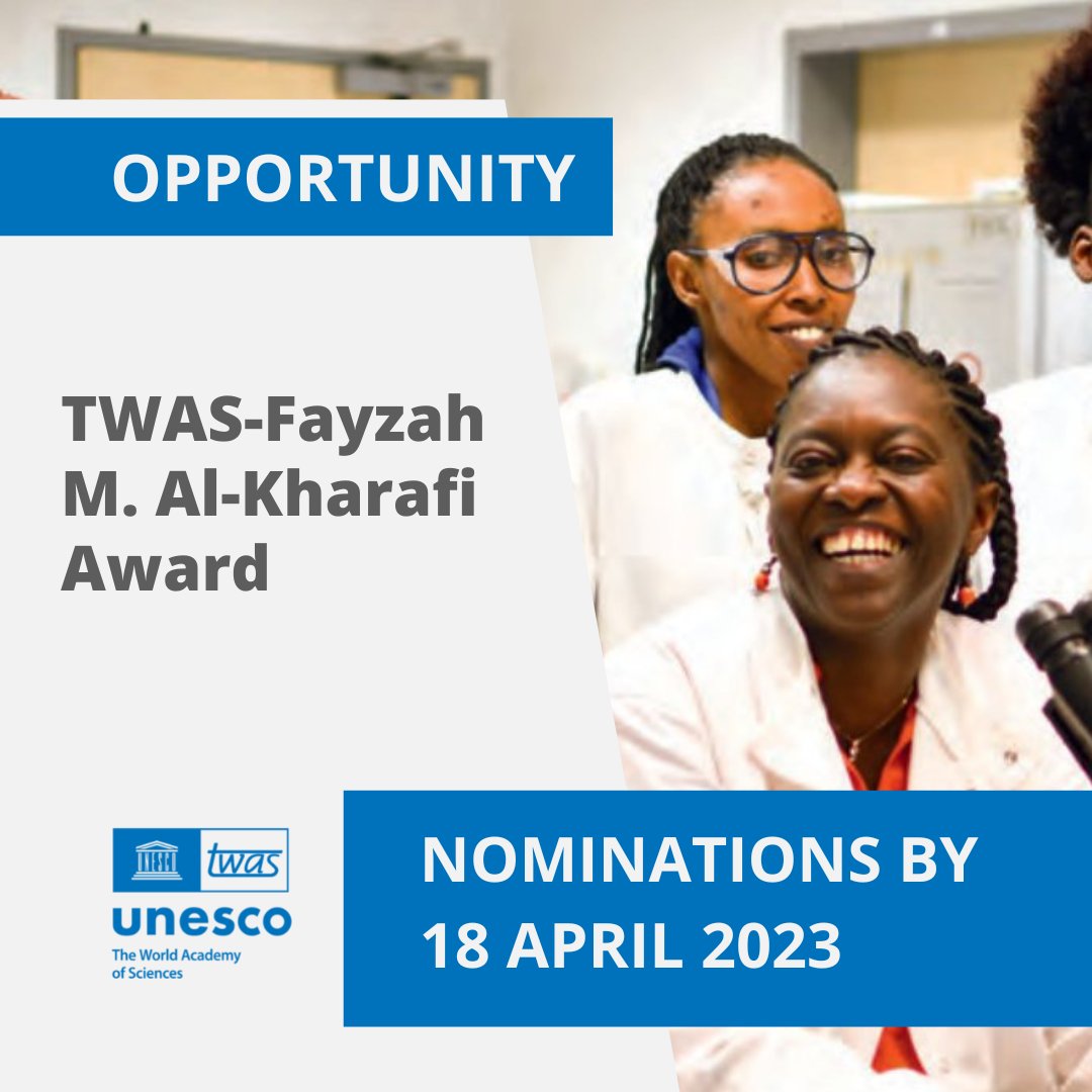 TWASnews's tweet photo. TWAS is now seeeking nominations for the TWAS-Fayzah M. Al-Kharafi Award! This honour recognizes women scientists from #STLCs (Scientifically and Technologically Lagging countries.) Learn more:
https://t.co/OgYHxTFAf6 https://t.co/TL7IDxXZIJ