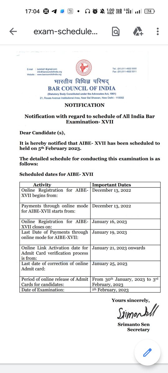 Badri_sb's tweet photo. Sir @satyajitips88 
The skill test of Assistant Director (Law) is scheduled to be held on 5th February but unfortunately All India Bar Examination(AIBE) is also going to happen on the same day. Kindly reschedule the skill test date, otherwise we will suffer a lot. https://t.co/2sYKUw6fxN