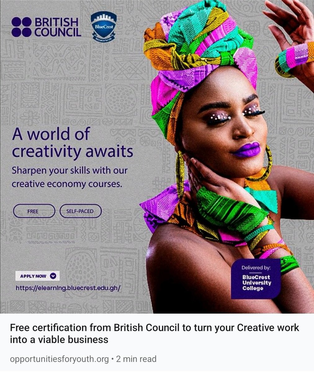 opportunitiesfy's tweet photo. Get certified by the British Council in partnership with BlueCrest. Join this free program to sharpen your skills.

Apply now - https://t.co/IleZ8q6FCB

#britishcouncil #bluecrestcollege #creativeeconomy #business #africa  #opportunity #entrepreneur #entrepreneurship #creative https://t.co/Kq7tyIVCkt