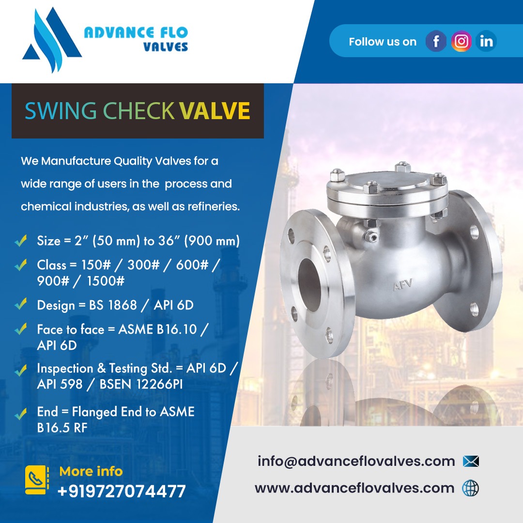 Advanceflovalve's tweet image. #SwingCheckValves - essential for maintaining flow direction in pipelines and preventing backflow. #IndustrialValves #pipelineprotection 

To know more, visit our Website: advanceflovalves.com Or Give us a Call on +91 97270 74477