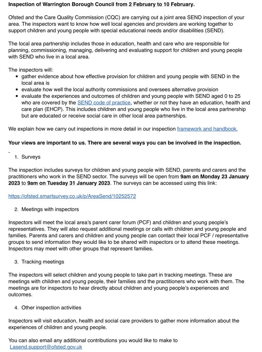 SpcialNdsJungle's tweet photo. WARRINGTON parent carers: Your local area has an Ofsted/CQC SEND inspection 2-10 Feb. Feedback  survey from 9am 23-31 Jan. Email la.send@ofsted.gov.uk. https://t.co/ikbJcVWKAg
Read our article on the new-look inspections. https://t.co/u0ZF0UXbxa Your PCF: https://t.co/nLJFN7eLrJ https://t.co/rqUwnhKbO8