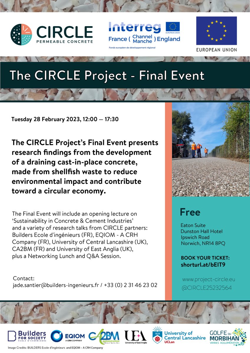🚨 Register for our free #event, showcasing a new #sustainable alternative for the #cement industry!
 
Discover the research behind our #drainage, cast-in-place eco-#concrete, made from #shellfish waste!🐚

📅 Tues 28 Feb, 12-5.30PM
📍 Norwich, UK
🎟️ shorturl.at/bEIT9