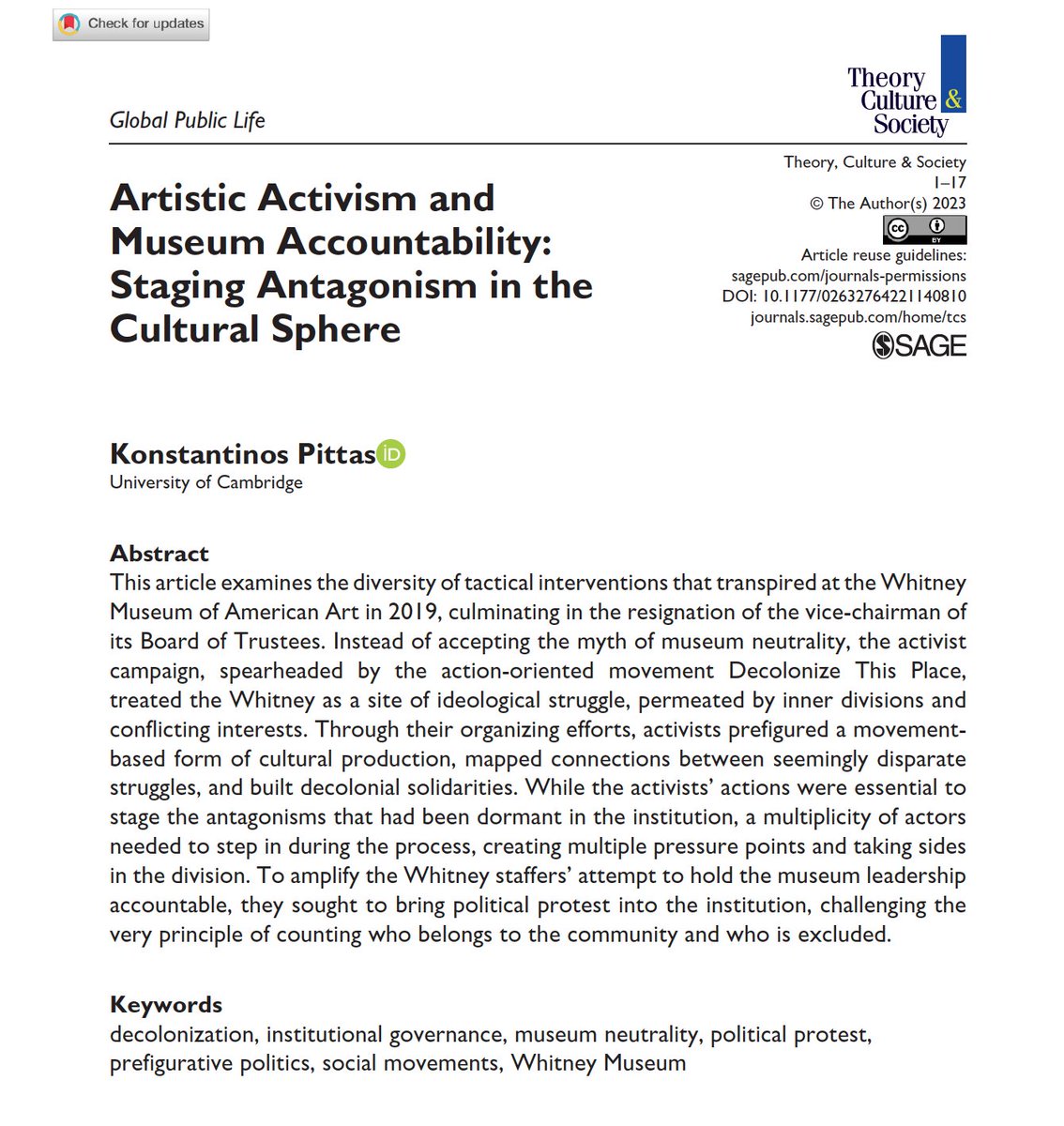 My latest article for <a href="/TCSjournalSAGE/">Theory, Culture & Society</a> just came out (open access). It is on political protest, institutional governance, and the staging of antagonisms in the cultural sphere. It can be downloaded here: journals.sagepub.com/doi/10.1177/02….
