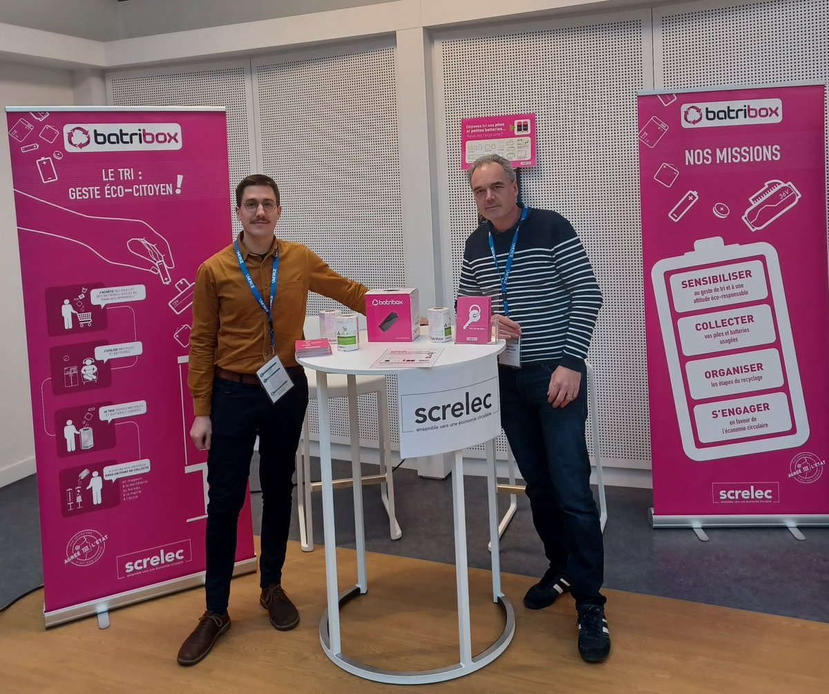 Screlec's tweet photo. [16èmes Rencontres #AMORCE - Eco-organisme]

Aujourd'hui nous sommes présents sur le Village des éco-organismes pour échanger sur : 
1. les enjeux liés à notre filière #REP des #piles et #batteries portables 
2. les objectifs de collecte dans les territoires

#economircirculaire https://t.co/79Z7fF2DmR