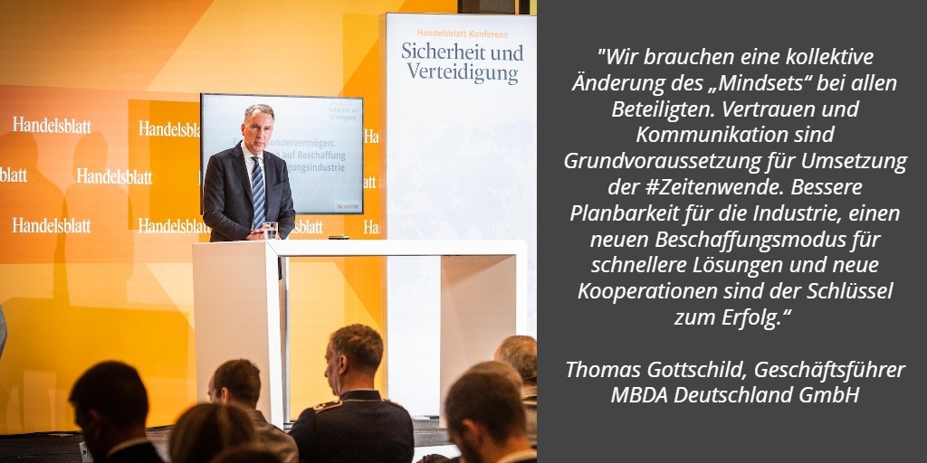 Klare Worte von Thomas Gottschild, Geschäftsführer MBDA Deutschland, an Politik, Industrie und #Bundeswehr @Handelsblatt Konferenz Sicherheit &amp; Verteidigung. #Zeitenwende live.handelsblatt.com/event/sicherhe…