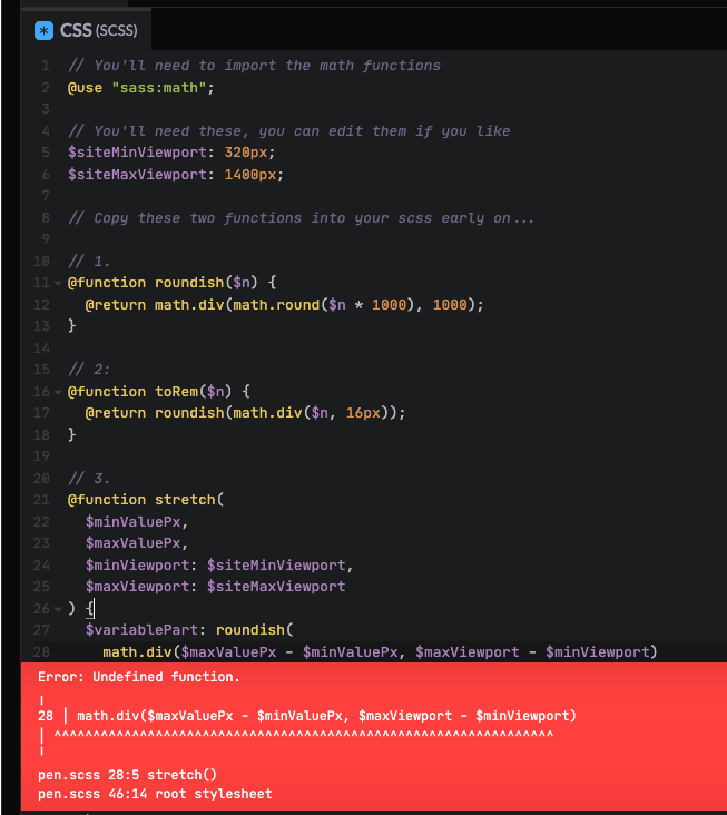 djave_co's tweet photo. @CodePen Hey guys! Hope you're having a good day. I have a pen where I [at]use "sass:math", but it doesn't seem to be importing / working. Would there be any chance you could tell me what I've done wrong?

https://t.co/AkPHcpslUe https://t.co/RkJtgVd2bJ