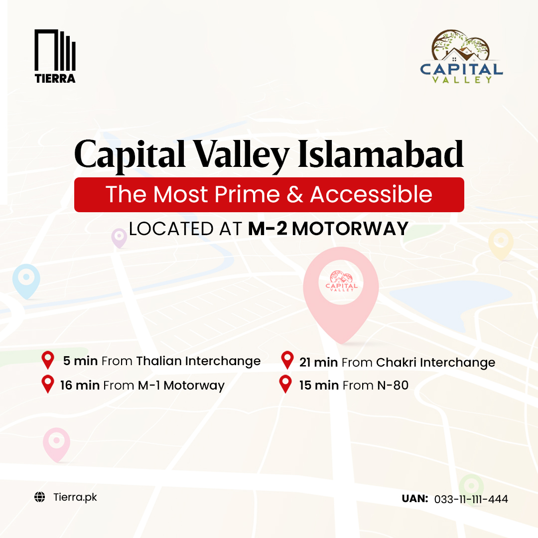 tierraassociate's tweet image. The Capital Valley Islamabad is a modern housing society located in the loop of Islamabad Airport, M-2 Motorway, Srinagar Highway, and Airport Avenue. The Capital Valley is famous for its salient features.

#CapitalValley #Islamabad #M2Motorway #N80 #M1Motorway #TierraAssociates