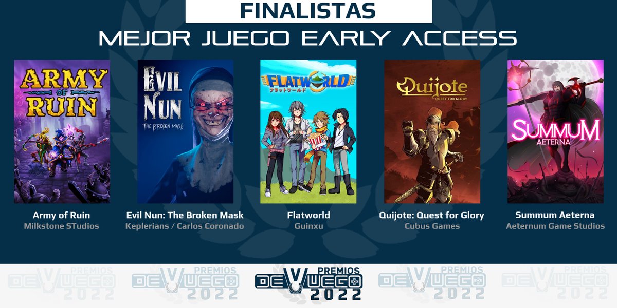 DeVuego's tweet photo. 🏆 Finalistas #PremiosDeVuego2022

🏅 Mejor Juego en Acceso Anticipado 🏅

➡️ Army of Ruin
➡️ Evil Nun: The Broken Mask
➡️ Flatworld
➡️ QUIJOTE: Quest for Glory
➡️ Summum Aeterna

🗳️ https://t.co/nVuzJsiNrL https://t.co/hsJO3LuAoE