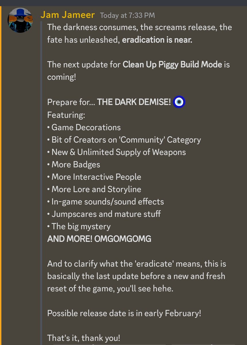 TheAgentJam's tweet photo. The darkness consumes, the screams release, the fate has unleashed, eradication is near.

Check out the newest things coming on the next update of #CleanUpPiggyBuildMode which is... THE DARK DEMISE!

More information and news here hehe:
https://t.co/i0ZumqLHu6 https://t.co/waJNbrgQgj