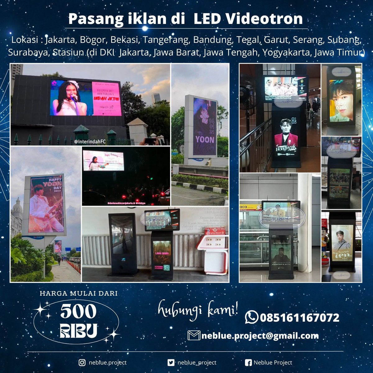 neblue_project's tweet photo. ✨ Pasang Ads/iklan/promosi lewat LED Videotron harga mulai dari 500-ribuan! ✨

Lokasi ada di berbagai kota ; Jkt, Bogor, Depok, Tangerang, Bekasi, Bdg, Medan, Tasikmalaya, Tegal, Subang, Garut, Serang, Pandeglang, Sby juga di stasiun di wilayah Jkt, Jabar, Jateng, Jogja, Jatim https://t.co/kcUoixgTdj