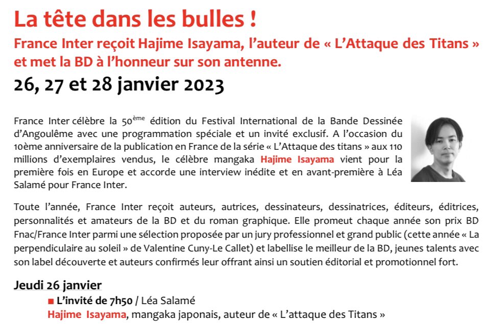 J_Lachasse's tweet photo. Hajime Isayama, l’auteur de "L’Attaque des titans", sera l’invité de Léa Salamé jeudi matin sur France Inter #FIBD2023 https://t.co/LHJXnXFxwy