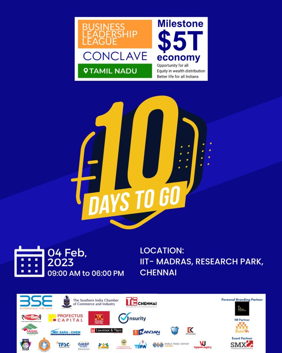 ⚠️ 10 days to go!!!
.🟢 Come to the Business Leadership League Tamil Nadu Conclave and meet 900+ decision-makers who may be interested in your products or services
🗓️  4th Feb 
📍- IIT- Madras, Research Park, Chennai.
➡️bll.org.in/conclave/tamil…
➡️ Reg.- 
forms.gle/8mMUPBD9AqGuBb…