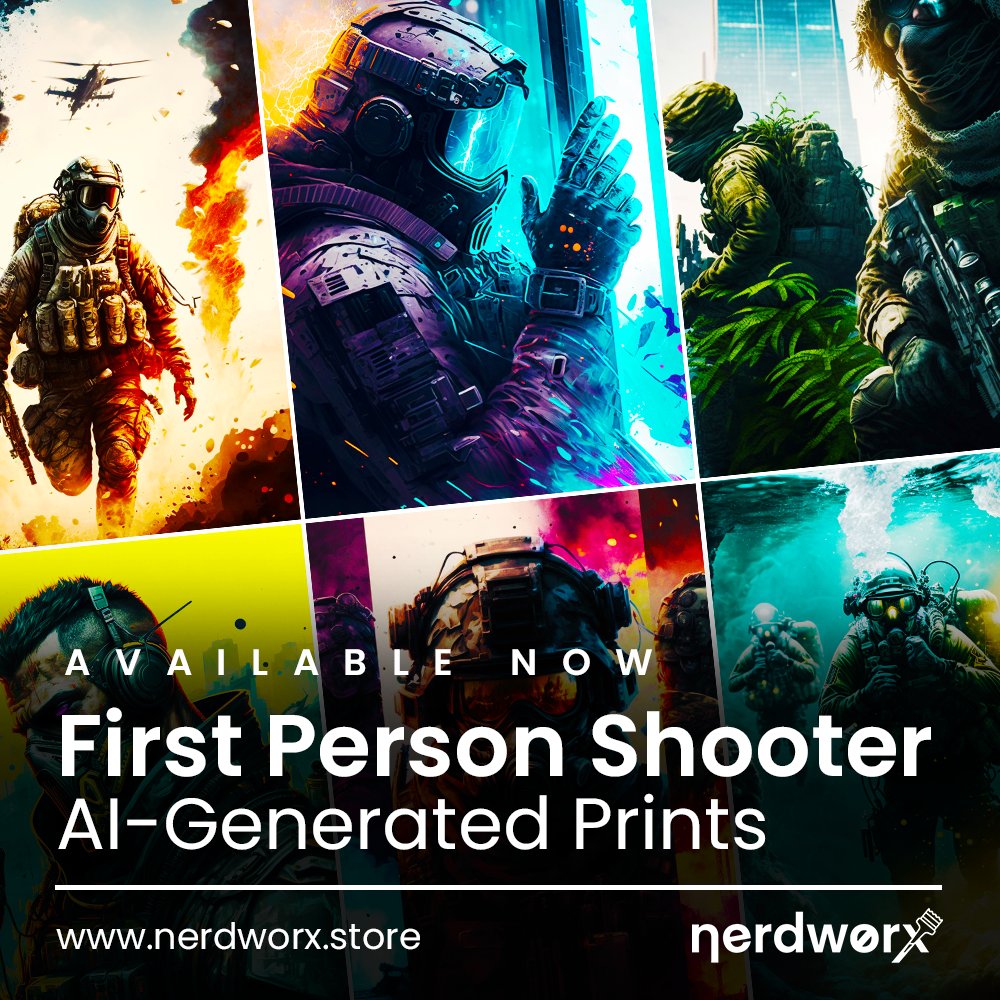 🚨 Get ready to elevate your gaming room! Our AI-generated #FPS collection is now available and you can get 20% off using code WORX20LAUNCH. Whether your a #CallofDuty, #Halo or #GearsofWar fan these high-quality prints will transform your setup. #artprints #GamingSetup