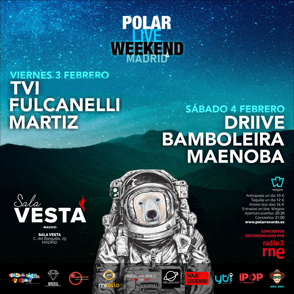 wegowES's tweet photo. ¡La 4⃣ edición del #PolarLiveWeekend llea a la sala Vesta de #Madrid este 4 de febrero!
No te pierdas los DIRECTOS de @FulcanelliBCN, @DriiveBand, @martizmusica y más 💥
Entradas volando en: https://t.co/C0BeiJnhRD https://t.co/LVbMKufoTy