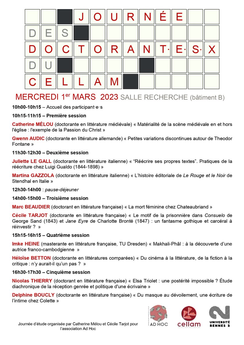 AdHocCellam's tweet photo. Notre Journée des doctorants, organisée cette année par Catherine Mélou et Cécile Tarjot, aura lieu 🗓️le 1er mars 2023. 🔍L’occasion de découvrir de plus près les sujets de recherche diversifiés et passionnants des jeunes chercheurs du CELLAM !🤩Venez nombreux ! 😚 https://t.co/kMw5RRbcNp