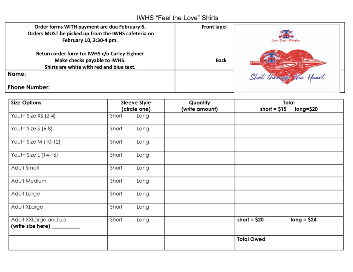 IWHSraiders's tweet photo. The IWHS Students Active in Education will be hosting "Feel the Love" Night at the boys' basketball game on February 14. There will be face painting, raffle prizes and giveaways, so come out and show your Raider Love!  Info on shirt order in pics! #iwhsraiders #iwraiders https://t.co/w90HCIj5Qf