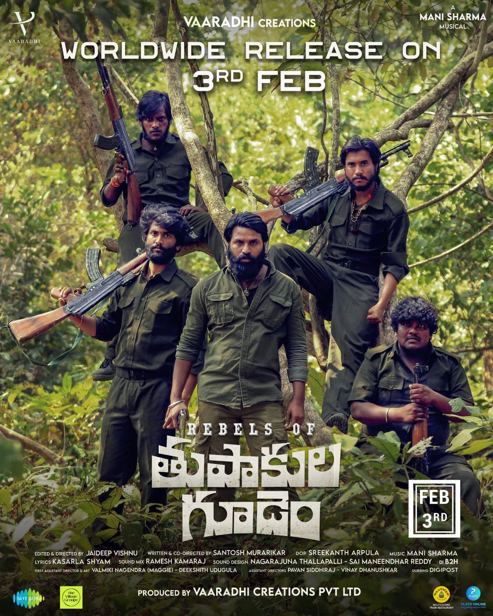 Ntv Telugu Entertainment (@ntvteluguent) on Twitter photo #Thupakulagudem is releasing on February 3rd
<a href="/jaiyetrimakana/">Jaiyetri Makana</a> <a href="/LyricsShyam/">Kasarla Shyam</a> <a href="/PraveenKandela/">Praveen Kandela</a>
#ManiSharma <a href="/SRIKANTHBUKYA6/">Shrikant Rathod</a> @DeepIntoJai
<a href="/SantoshMurarik1/">Santosh Murarikar</a> <a href="/Sreekanth_dop/">Sreekanth Arpula</a> #NTVENT #Thupakulagudem is releasing on February 3rd
<a href="/jaiyetrimakana/">Jaiyetri Makana</a> <a href="/LyricsShyam/">Kasarla Shyam</a> <a href="/PraveenKandela/">Praveen Kandela</a>
#ManiSharma <a href="/SRIKANTHBUKYA6/">Shrikant Rathod</a> @DeepIntoJai
<a href="/SantoshMurarik1/">Santosh Murarikar</a> <a href="/Sreekanth_dop/">Sreekanth Arpula</a> #NTVENT