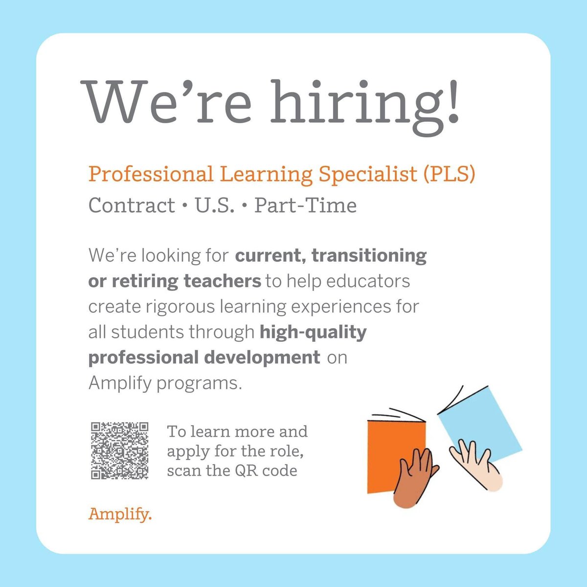 msmichelleland's tweet photo. Amplify is hiring Professional Learning Specialists!

🍎 Impact students &amp; educators nationwide  
🍎 Deepen your adult facilitation skills
🍎 Join a network of education leaders 

🧡 Apply before February 17, and feel free to list me as a referral! https://t.co/oCHN2EJXuI https://t.co/iTyI4wmGLB