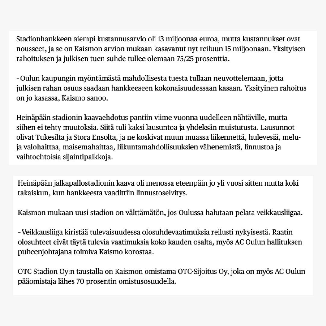 1/2

6 viikon päästä tiedetään valittaako joku tästä ja samalla pistää hankkeen ainakin 2v jäihin. Samalla valittaja varmistaa sen, että tulevina vuosina <a href="/ACOulu/">AC Oulu</a> joutuu pelaamaan yhä useamman <a href="/Veikkausliiga/">Veikkausliiga</a> kotipelinsä muualla kuin Oulussa

#acoulu #veikkauliiga #otcstadion #Oulu