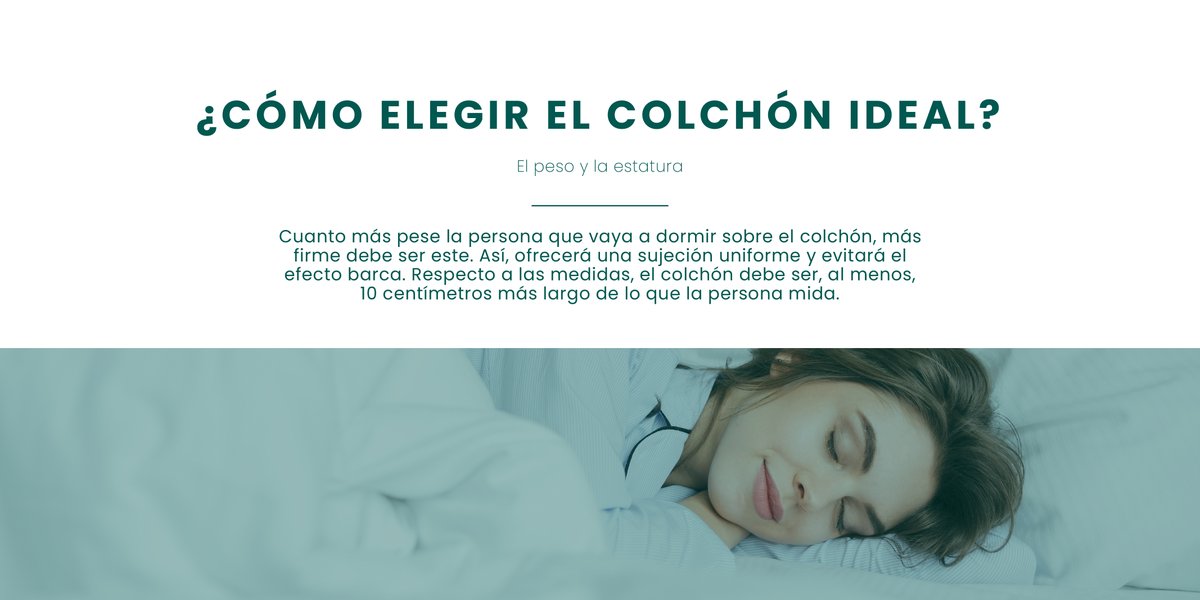 El peso y la estatura de la persona que va a dormir sobre el colchón son dos factores a tener en cuenta. Cuando más pese esta, más firme debe ser el mismo, aportando una sujeción uniforme para todo el cuerpo 🤲

#Descanso #Colchón #ConsejoTerxy