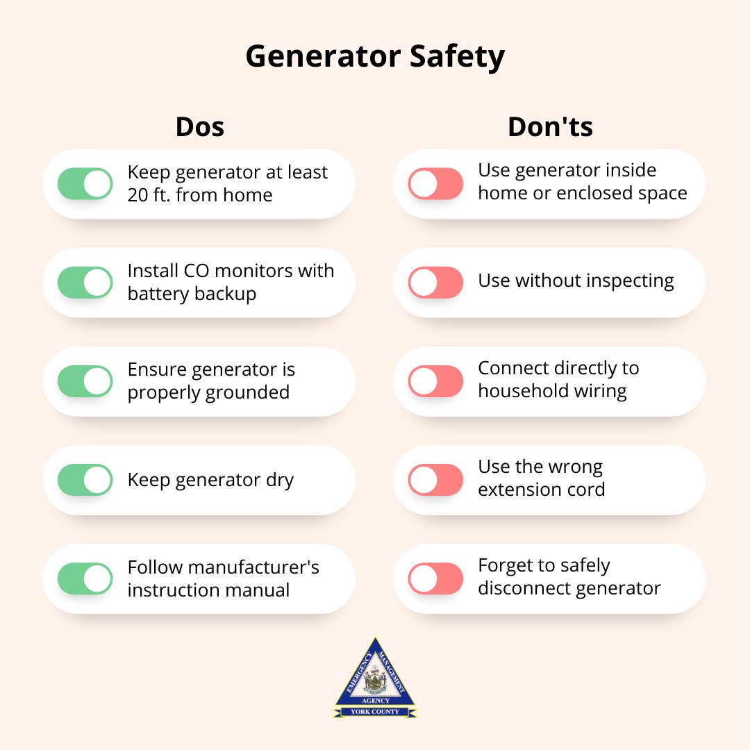 Use generators and alternative power sources safely! 

For more tips, visit: fema.gov/fact-sheet/use…

#poweroutage #generatorpower #safety #emergencypreparedness #maine