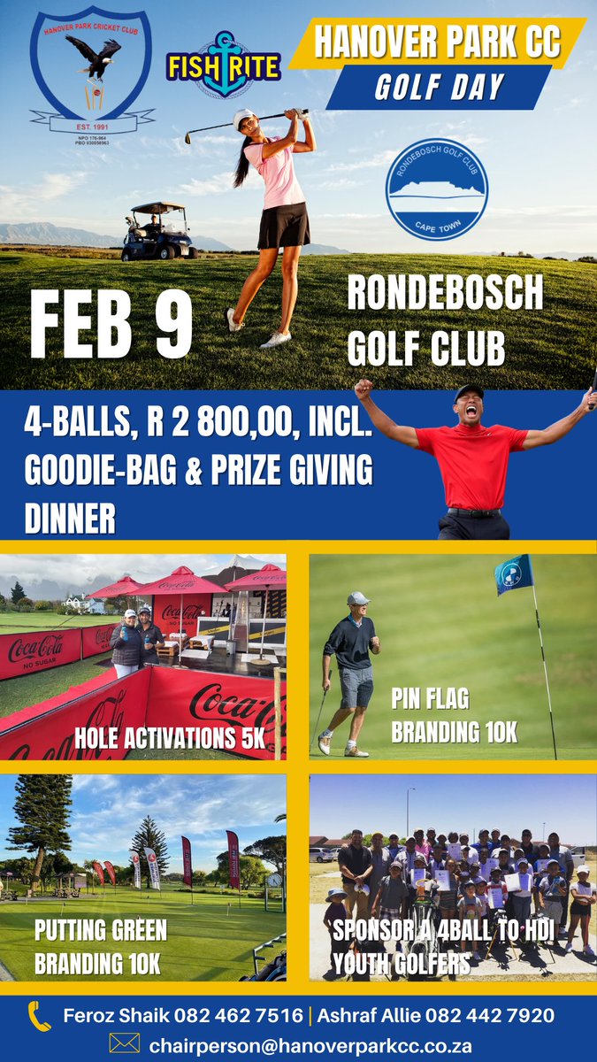 12x 4Balls remaining at this important fundraiser golf day for Hanover Park CC.

Sponsor a 4ball or come us yourselves! 

FYI - Rondebosch GCis in the best condition it’s ever been 🤩

<a href="/HPCricketClub/">Hanover Park Cricket Club</a> <a href="/ashrafallie2918/">Ashraf Allie™️🇿🇦❤️🇵🇸🔴</a> 
<a href="/Jehad_Kasu/">JK Not Rowling</a> 
<a href="/RacknGrill/">Rack 'n Grill</a> 
<a href="/RondeboschGC/">Rondebosch Golf Club</a>