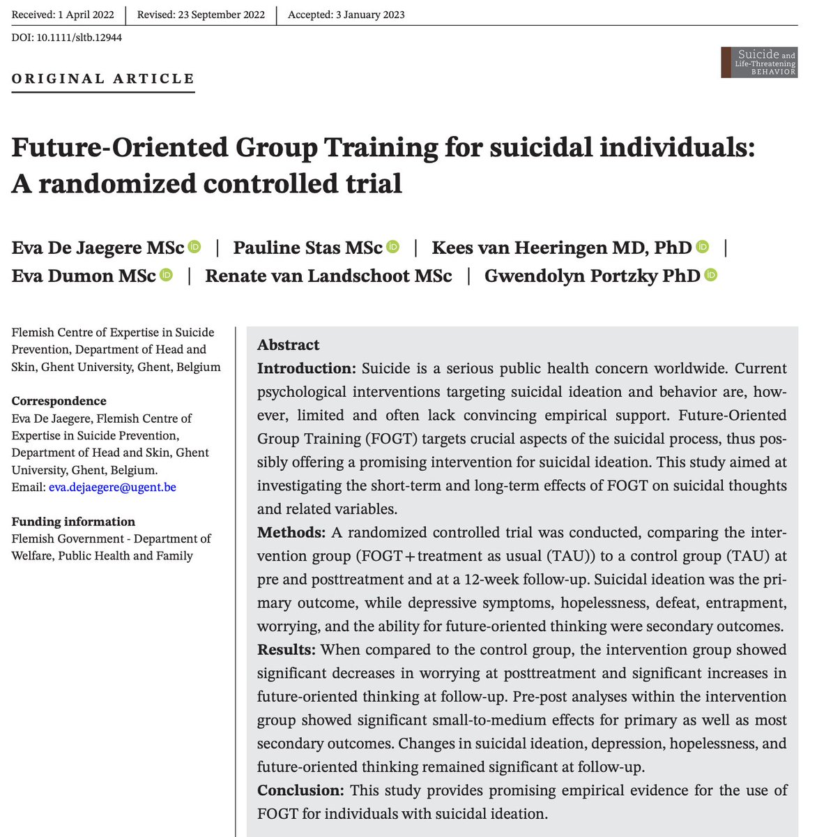suicideresearch's tweet photo. Interesting new study from colleagues from @VLESPtweet in Suicide &amp; Life-Threatening Behavior

"...promising empirical evidence for the use of Future-Oriented Group Training for individuals with suicidal ideation"

📑https://t.co/EuYFLis21O https://t.co/X1QHsmHcjV