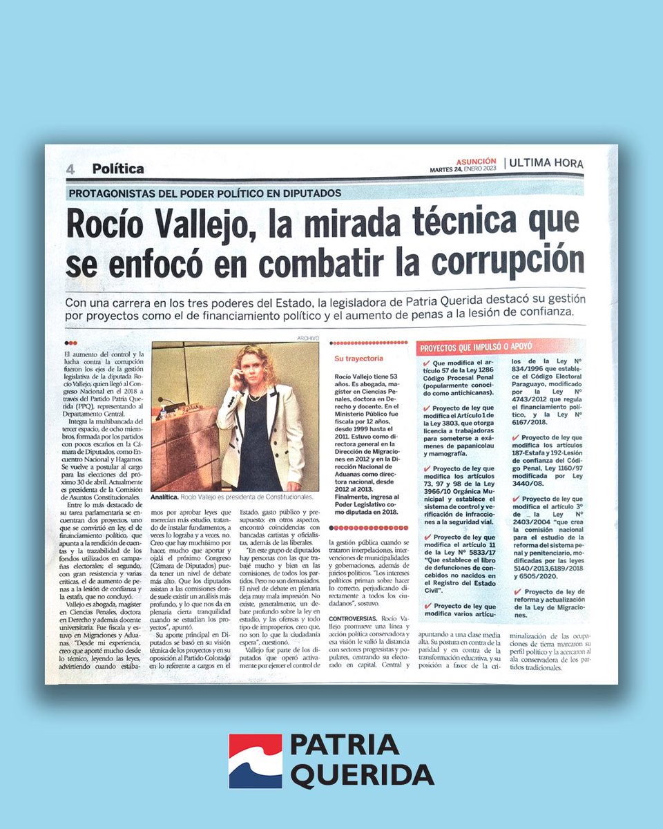 patriaquerida's tweet photo. Con una carrera en los tres Poderes del Estado, @RocioVallejoA destacó su gestión con proyectos como el de financiamiento político y aumento de penas a la lesión de confianza. Protagonista en la lucha contra la corrupción. https://t.co/ouof3l4MhC