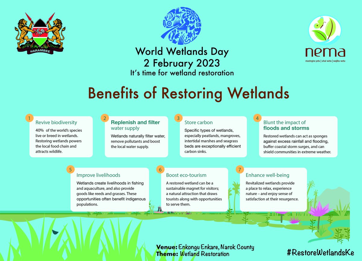 NemaKenya's tweet photo. Benefits of #Wetlands #WetlandsRestoration.  Wetlands act as natural sponges that trap and slowly release surface water, rain, groundwater and flood waters #RestoreWetlandsKe #ForWetlands @Environment_Ke @WetlandsIntEA @RamsarConv https://t.co/Uj5JM59gEK