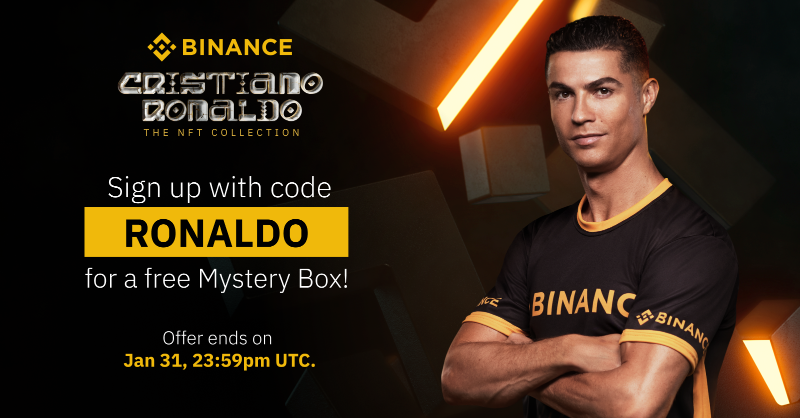 binance's tweet photo. To thank his fans for their support, @Cristiano Ronaldo is giving away free CR7 Mystery Boxes to new #Binance users!

Sign up using code 'RONALDO' to secure yours today 🤝

Don't miss out.