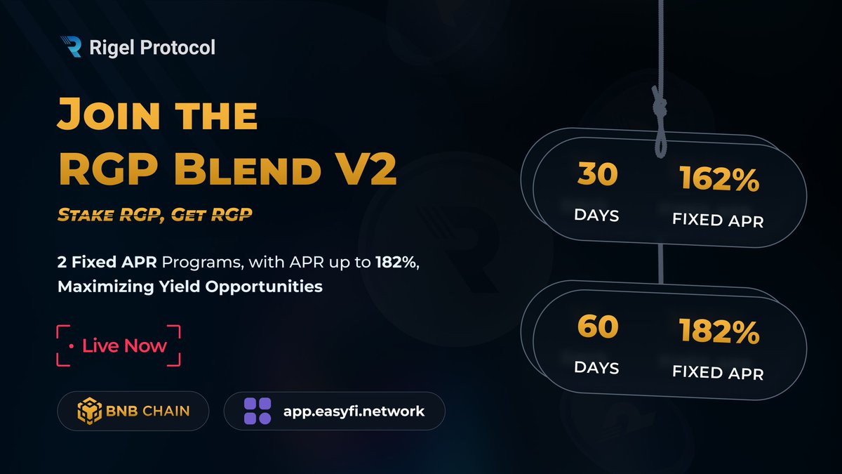 rigelprotocol's tweet photo. 🦄Join the RGP Blend V2 with @EasyfiNetwork 💫

We continue the 🔥High-Yield Multi-Option Staking 🔥 program with @EasyfiNetwork

Two new Stake $RGP Fixed APR starting with 30 Days 162% fixed APR

👉Live now: #EasyFiBLEND on @BNBCHAIN 

#DoMoreWithDeFi #RGP #EasyFi https://t.co/OfwqIrK08k