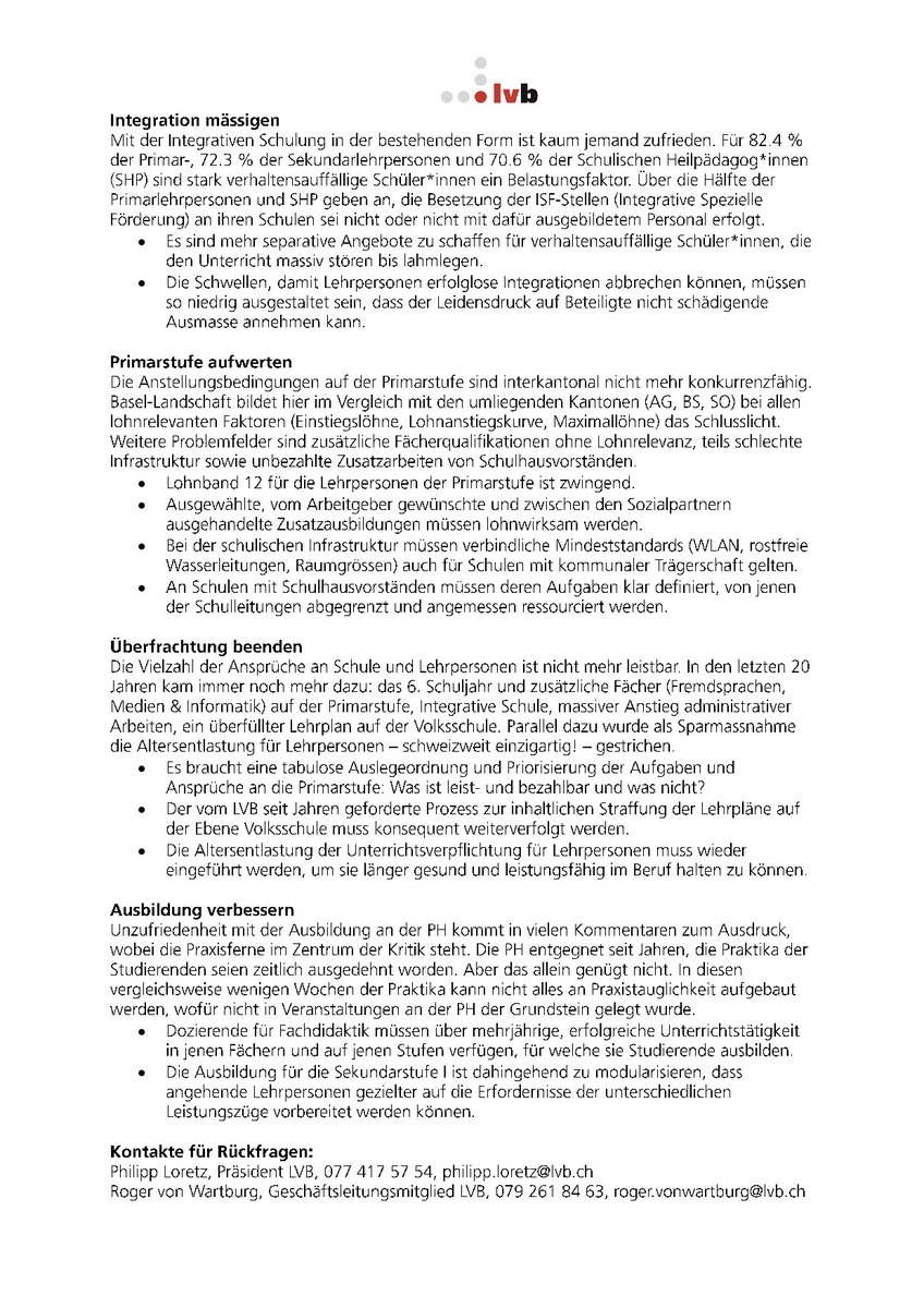 Der <a href="/lvb_seit_1845/">LVB</a>  hat seine Mitglieder zu den Belastungsfaktoren im Lehrberuf befragt und daraus wichtige Erkenntnisse und Forderungen abgeleitet. Es braucht einen Mix aus personal- &amp; bildungspolitischen Massnahmen, der dringlichste Handlungsbedarf besteht auf der Primarstufe.