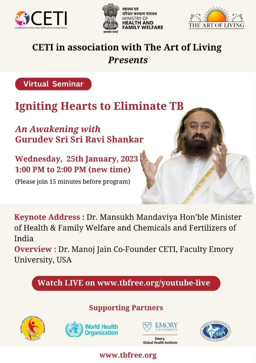 tbfreeorg's tweet photo. CETI @tbfree is organizing a virtual seminar on Tuberculosis under the guidance and presence of @srisri Sri Sri Ravi Shankar. 

https://t.co/xpEHrHONd5 

#tbfreeindia #TBMuktBharat  #srisriravishankar https://t.co/IYlOFo2Ovu
