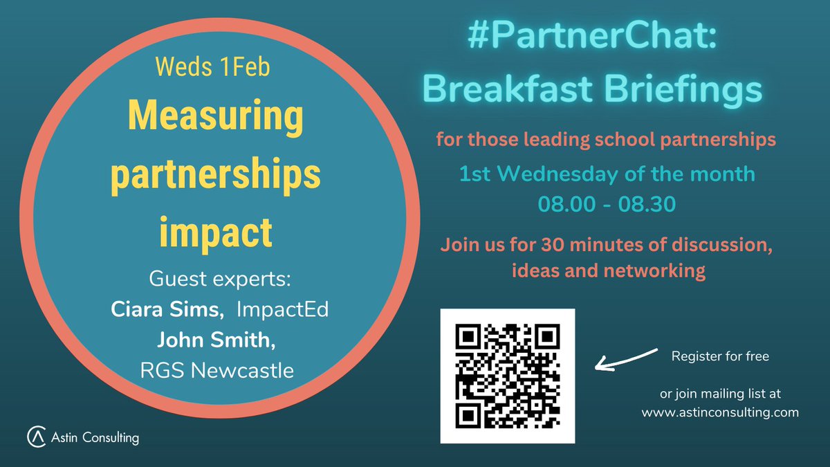 How do we know if our partnership is making a difference? Hear from experts, practitioners & share your ideas at the next #PartnerChat Breakfast Briefing on 1st Feb.
Register for free: astinconsulting.com/events/partner…

@PartnershipsRgs
@ImpactEd_tweets @schoolstogether @SchoolPAlliance