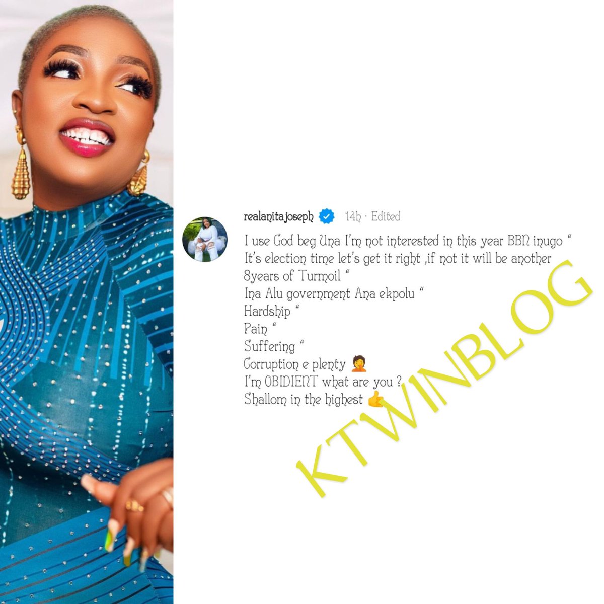 KTWINBLOG's tweet photo. I'm not interested in this year BBN.....Actress Anita Joseph
.
.

https://t.co/ToILmTwMzl

#freeallpoliticalprisoners #politicalthriller #politicalartist #politicalactivism #politicalprisoner #politicalhub #politicalviews #sociopolitical #politically #politicalcomm https://t.co/ya2YbJUIMF