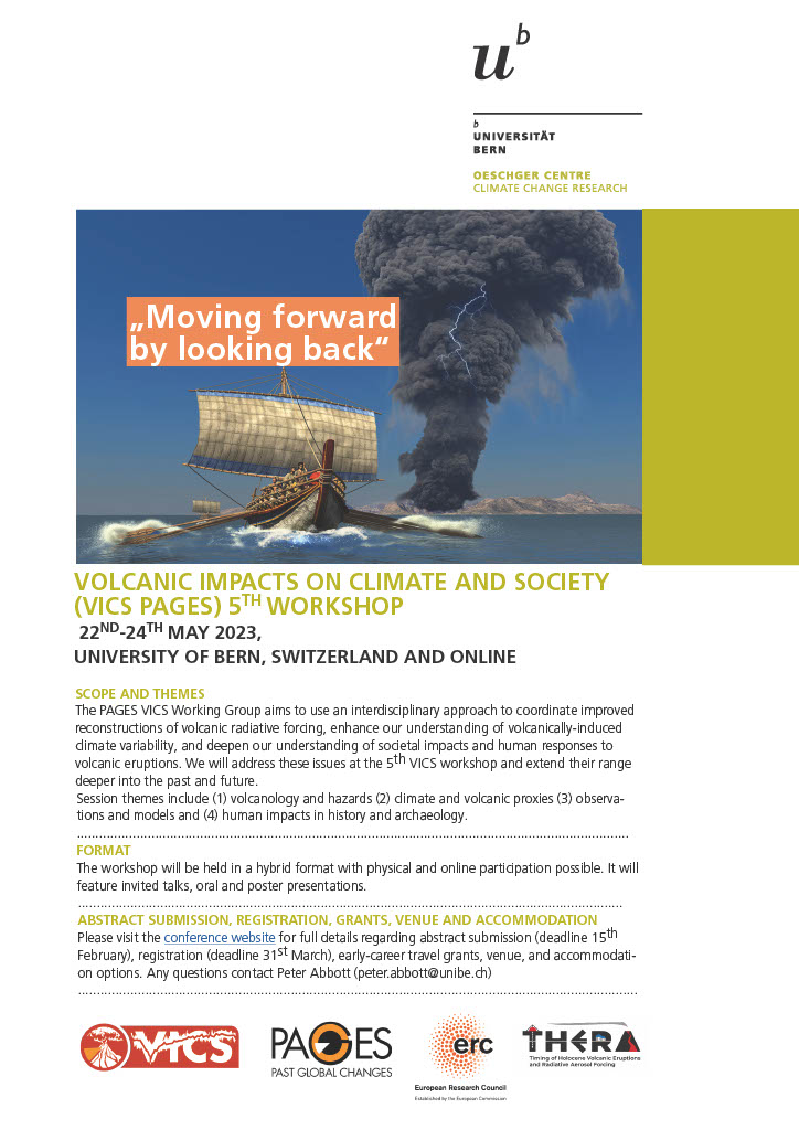 Abstract submission now open for the 5th VICS Workshop on “Moving forward by looking back” to be held between 22-24th May in Bern. See website for full details - oeschger.unibe.ch/vics2023 @VICS_PAGES @PAGES_IPO @CentreOeschger @THERA_4ever