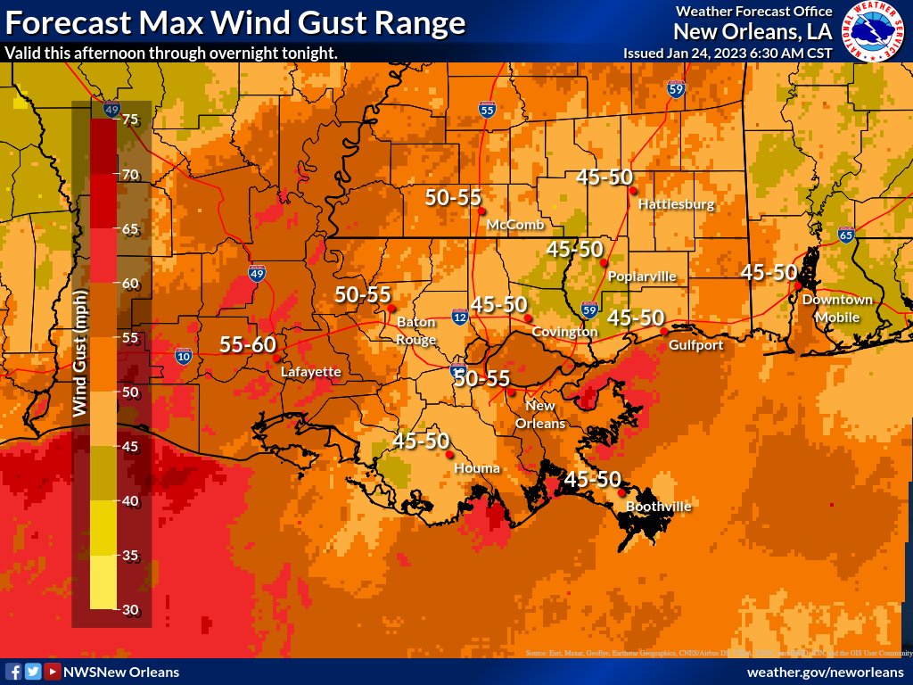 ⛈️ We have quite the active weather on the horizon later today into tonight, let's break down all you need to know

➡️🍃 Starting this morning, its rather quiet, but winds will pick up especially into the afternoon/night hours. A High Wind Warning is in effect. #lawx #mswx (1/6)