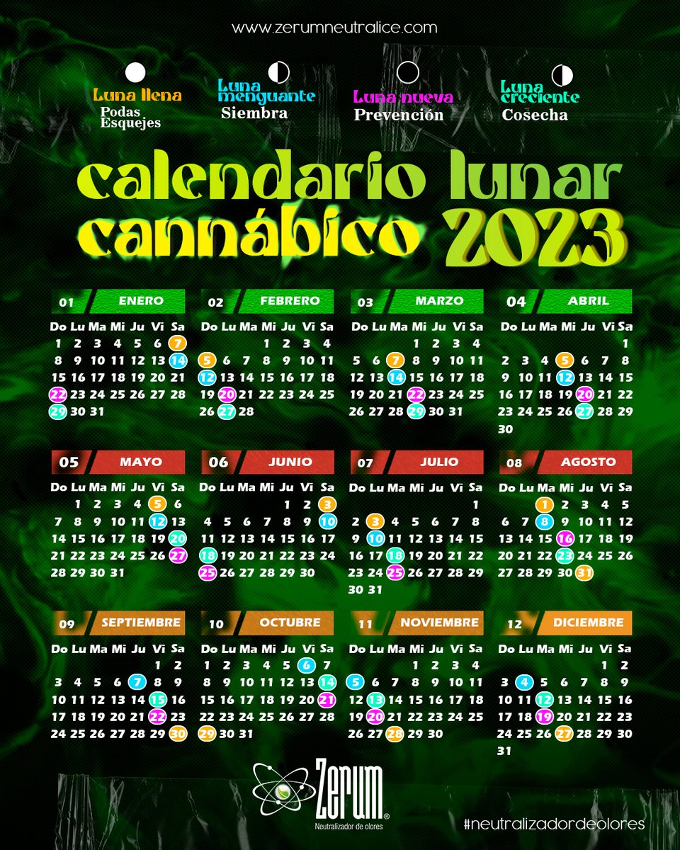 ZerumNeutralice's tweet photo. ZERUM PRO CALENDARIO LUNAR CANNÁBICO 2023 📅
Aquí les compartimos el calendario que sirve de referencia para este año en relación a las fases de la luna.
.
#zerum #neutralizador #olor #luna #calendario #CalendarioLunar #2023 #CalendarioSiembra #ambientador #cañamo #zerumpro https://t.co/dZMwqS0DCd