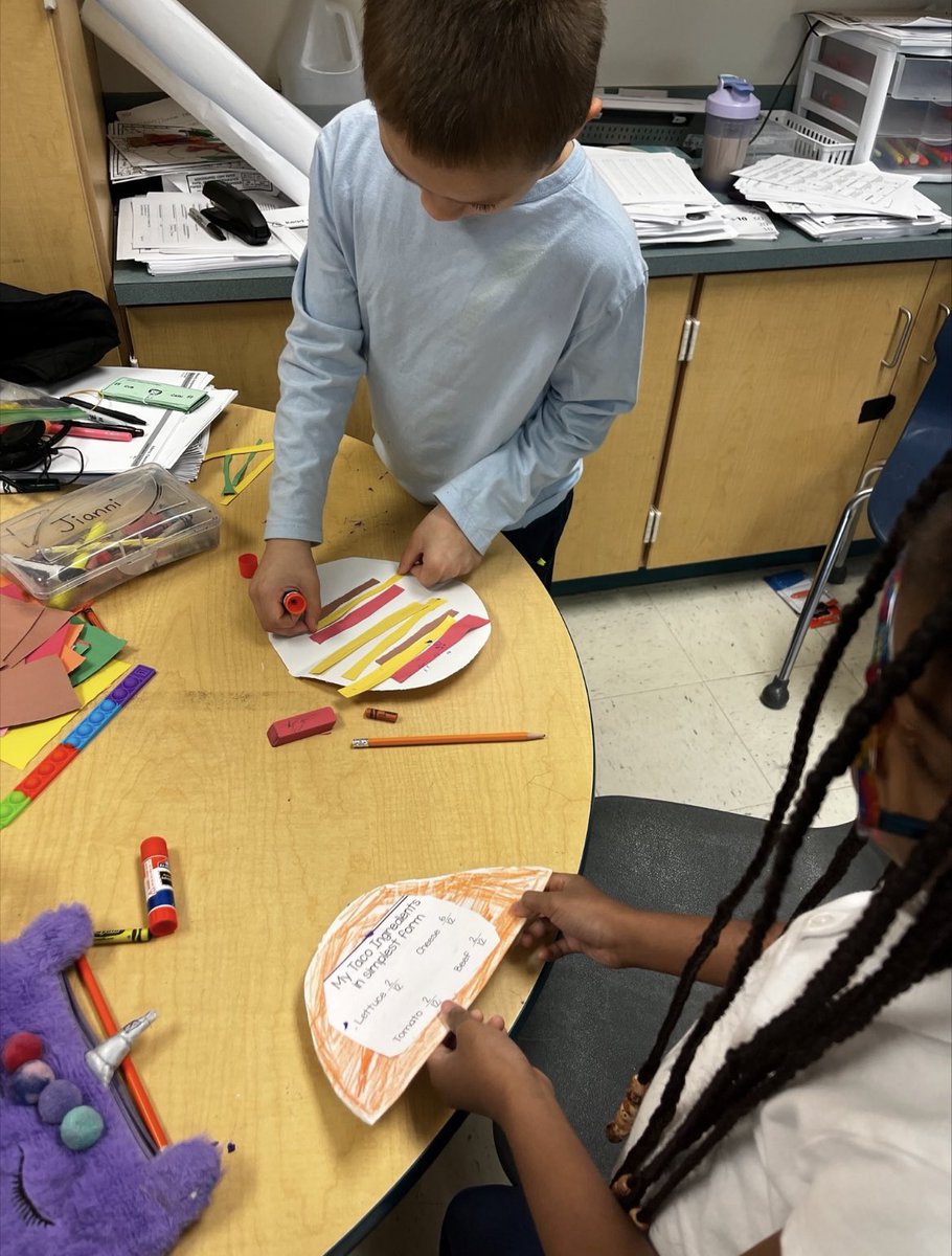 SevenOaksES's tweet photo. We do โTaco Tuesdayโ a little differently here at SOES ๐ฎ Ms. Reiderโs 3rd grade class used their knowledge of fractions to create delicious works of art. Taco โbout making math fun! Yum!!! #SOESPride #MeadeStrong https://t.co/BQyYLKFx6D