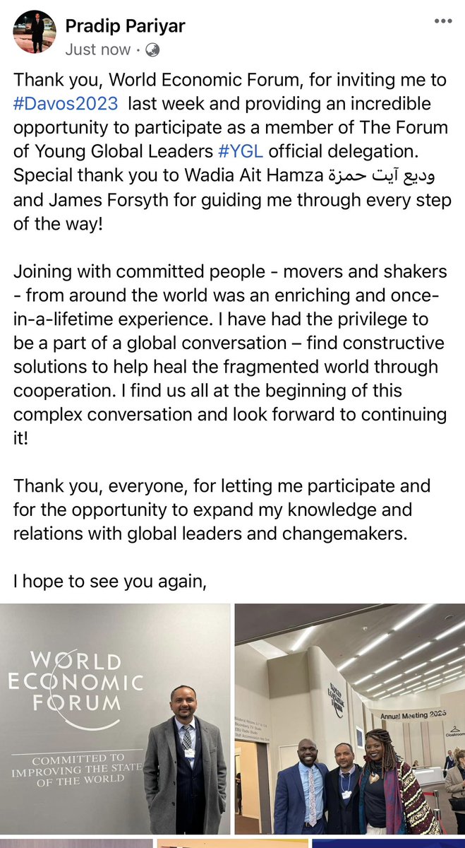ppariyar's tweet photo. Thank you, @wef World Economic Forum, for inviting me to #Davos2023 last week and providing an incredible opportunity to participate as a member of The Forum of Young Global Leaders #YGL @YGLvoices official delegation. Special thank you to @aithamza and #JamesForsyth https://t.co/cFHEV0FFOK