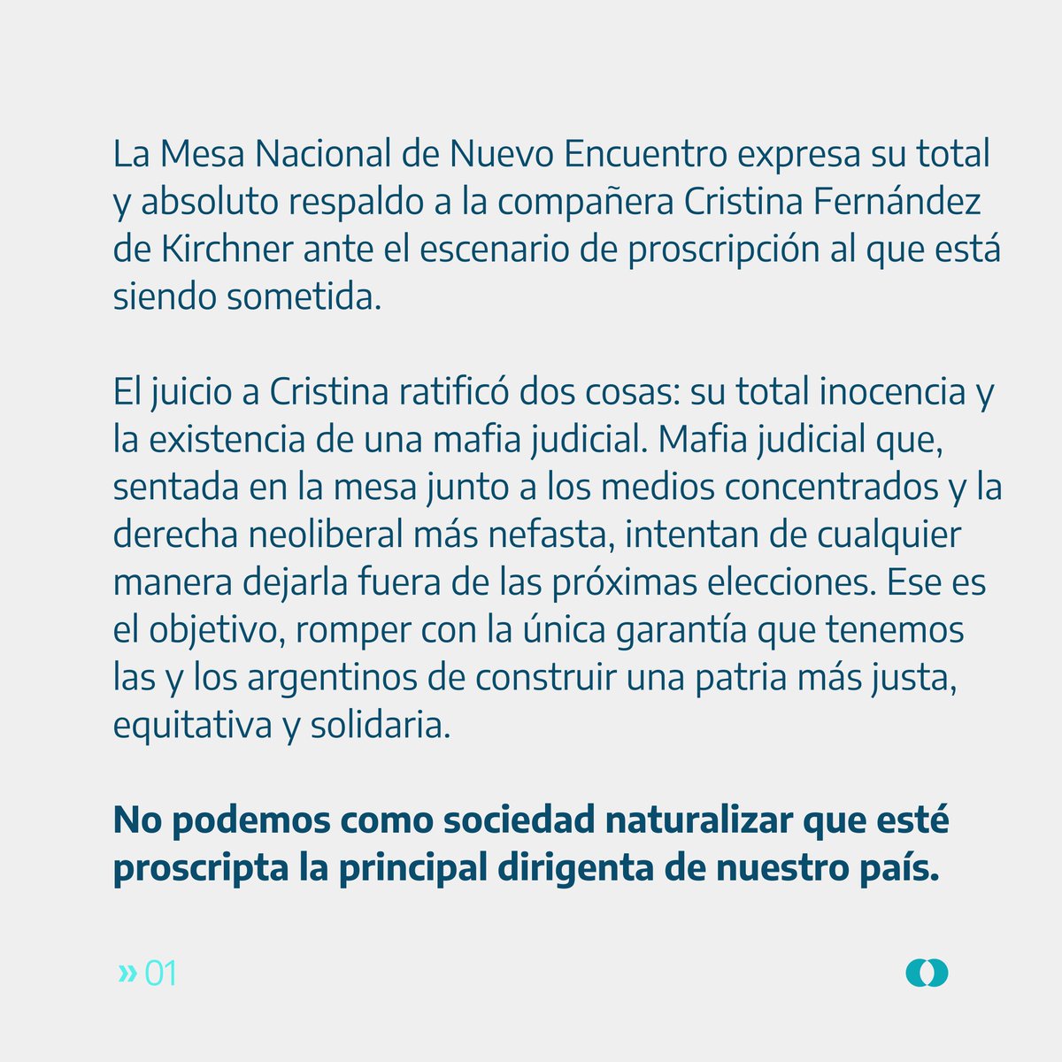 NuevoEncuentro_'s tweet photo. ✍️ Comunicado de la Mesa Nacional de Nuevo Encuentro 

Frenar la proscripción para defender a Cristina, al conjunto del Pueblo y a la Democracia. https://t.co/qbZqkKsNWK