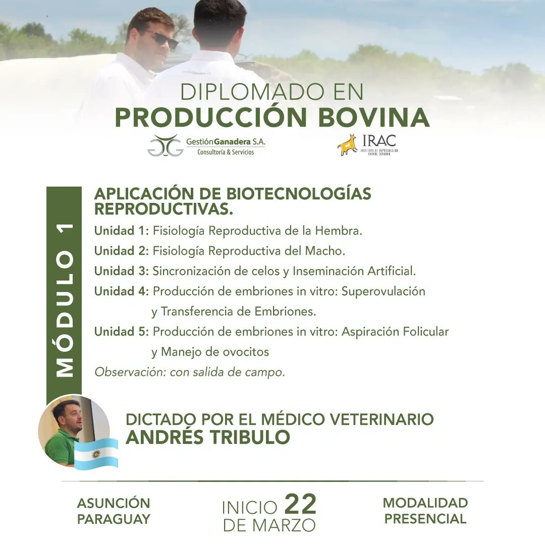 El Dr. Andrés Tríbulo los invita a participar del DIPLOMADO EN PRODUCCIÓN BOVINA 🐂

📍Módulo I: Aplicación de Biotecnologías Reproductivas. 
📍Inicio: 22 de Marzo del 2023

Para más información e inscripciones podes comunicarte al 0983 888 613 📲
