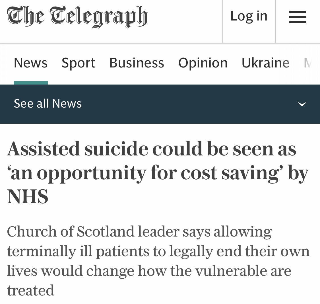 Trev_Forrester's tweet photo. Jeremy Hunt is looking to dramatically drop #NHS costs but this is a step too far if he agrees?
“Assisted suicide could be viewed as an “opportunity for cost saving” by the NHS if it is legalised, the moderator of the Church of Scotland said” #NHSCrisis #NHS #NHSinCrisis https://t.co/tL5CS501g0