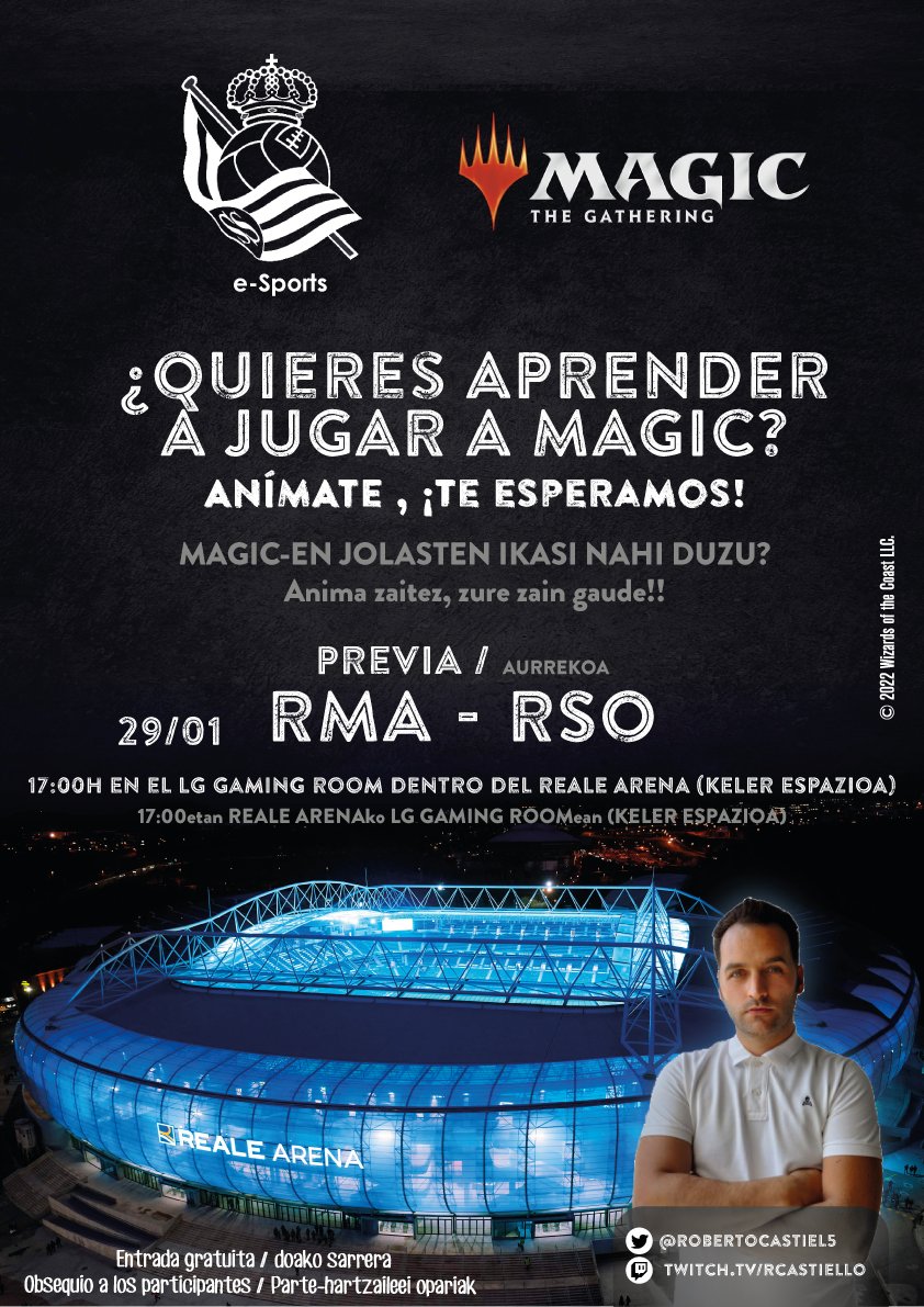 CastielloMTG's tweet photo. Emocionado por anunciar que podré acercar este maravilloso juego @wizards_magicES a mucha gente. Y qué mejor compañera de viaje para esta nueva aventura que la mismísima @RealSociedad 

La 1era sesión será en el #LGgamingRoom en el Reale Arena (#KELERespazioa) este domingo: ¡VEN! https://t.co/QyZ77DkycR