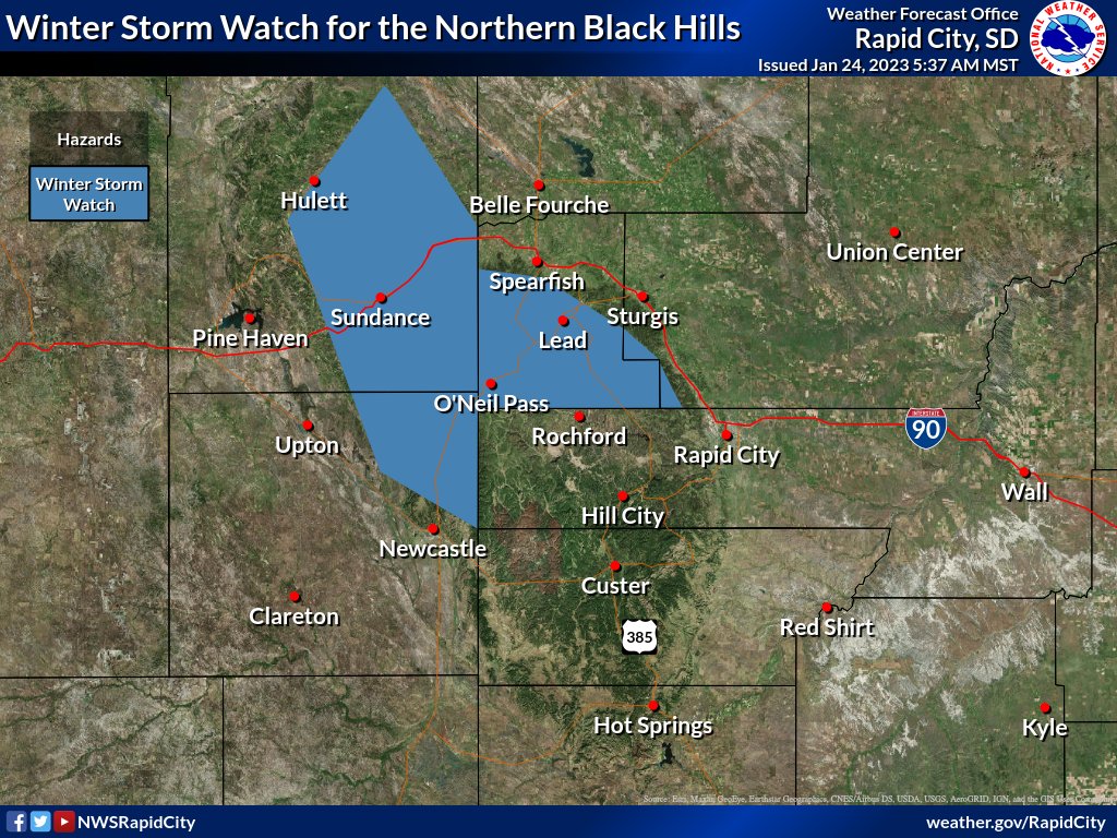 NWSRapidCity's tweet photo. Long duration snow event still on track through this weekend. A Winter Storm Watch has been issued for the northern BH and the Bear Lodge Mtns tonight through Wednesday where 6+" of snow can be expected. Total snow through Sunday could be 1-2 ft in the northern BH. #sdwx #wywx https://t.co/o81UNIa7qA